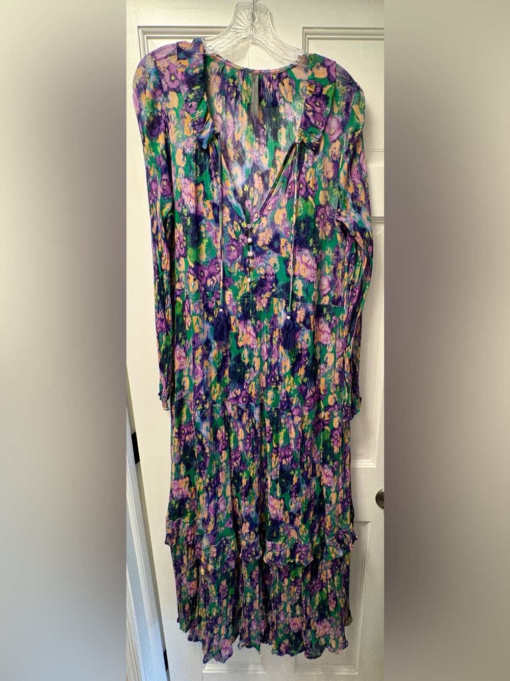 Anthropologie Floral Tiered Long-Sleeve Maxi Dress in Green and Purple
